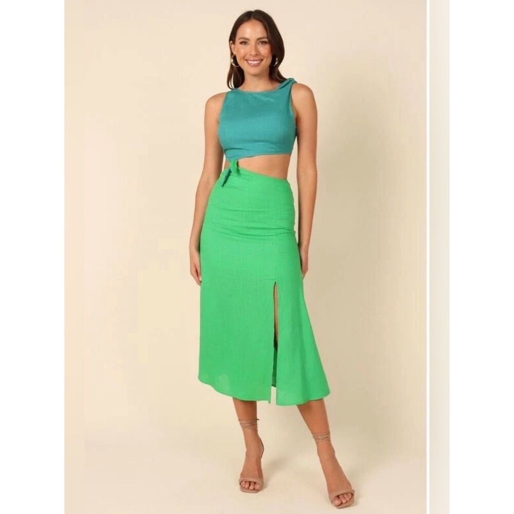 Petal & Pup Gabby Cut Out Dress Green Splice NWT XL Midi Linen Blend